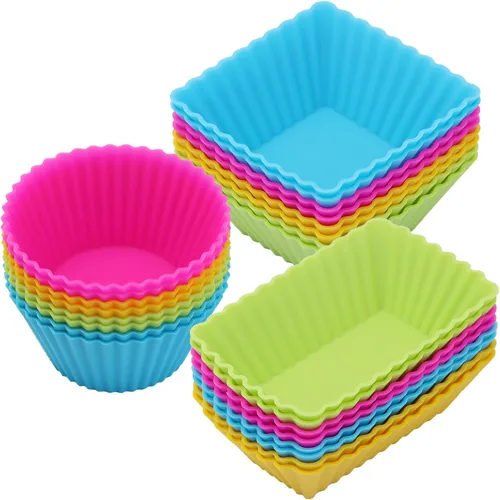 Vista 12 de Paquete de 24 moldes de silicona para magdalenas, moldes reutilizables para cupcakes para hornear, divisores Bento de 3 formas para lonchera Colorido