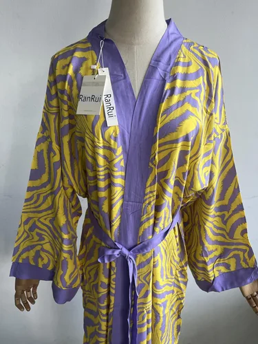 Vista 7 de RanRui Kimono de playa con estampado de cebra amarilla, holgado, frente abierto, bata de algodón, bata de traje de baño para mujer, bata de plumero