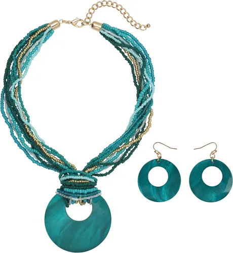 Vista 23 de Coiris Collar de varias vueltas con cuentas coloridas y gran colgante de concha circular para mujer Negro