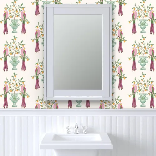 Vista 9 de Muestra de papel tapiz extraíble – Pájaros botánicos tropicales loro cítrico floral caprichoso vid hojas naranja limón italiano personalizado