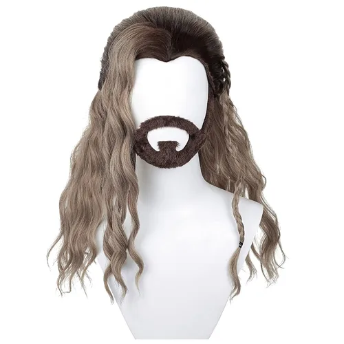 Vista 2 de Uniquebe - Peluca rizada de color rubio claro con barba, peluca de pelo sintético largo y rizado resistente al calor, gorra de red para Halloween