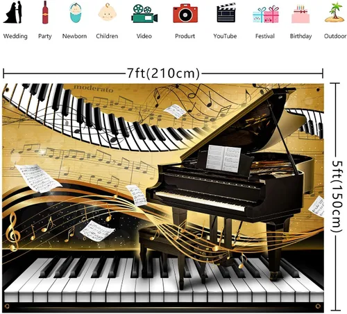 Vista 3 de Telón de fondo con tema de piano de 7 x 5 pies, notas musicales doradas, fondo de foto, tema musical, decoración de fiesta de cumpleaños, pancarta