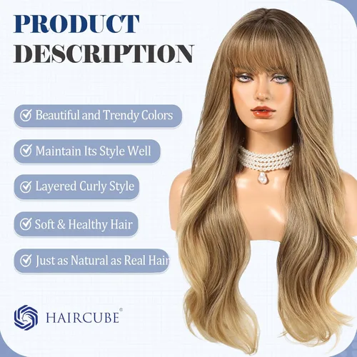 Vista 3 de HAIRCUBE Peluca larga rubia mezclada con marrón con flequillo, pelucas rizadas en capas para mujeres, pelucas sintéticas naturales para uso diario