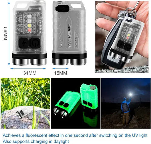 Vista 3 de Mini Linternas de Llavero de Altos Lúmenes, Linterna EDC Recargable con Luz Roja UV Azul y Imán de Cola, 900 Lúmenes Led Linternas de Bolsillo Blanco