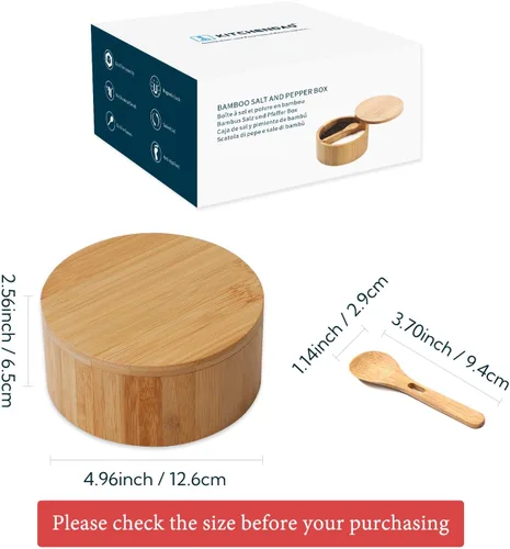 Vista 6 de KITCHENDAO Caja de bambú para sal y pimienta, recipiente dividido, cuchara de servir integrada para evitar el polvo, tapa giratoria para mantenerse