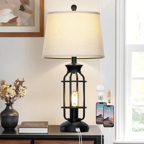 Vista 13 de 26" Modern Lamp for Living Room, Industrial 3-Way Dimmable Beside Table Lamp with USB A+C Charging Ports & AC Outlet, Touch Control Beside Lamp LED