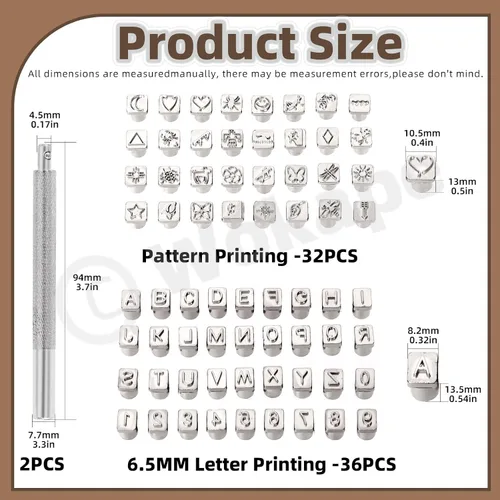 Vista 2 de Wokape 70 herramientas de estampado de cuero para manualidades, letras mayúsculas y patrones con 32 impresiones de alfabeto de 1/4 pulgadas / 0.256