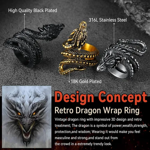 Vista 3 de FaithHeart Anillos de dragón punk para hombres y mujeres, acero inoxidable, chapado en oro de 18 quilates, joyería de mitología nórdica con delicado