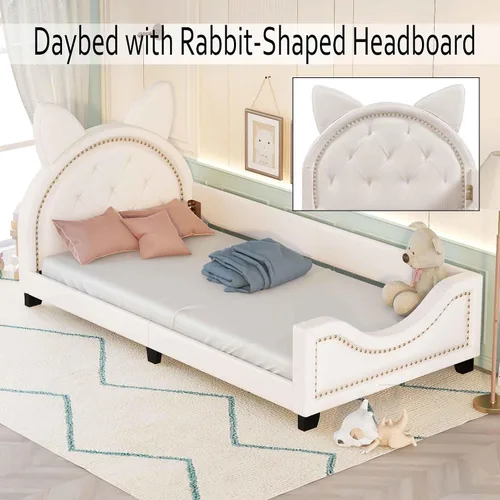 Vista 3 de Sofá cama con cabecero, cámaras en forma de conejo, marco de cama de madera con plataforma individual para niñas y niños, bonito sofá cama tapizado