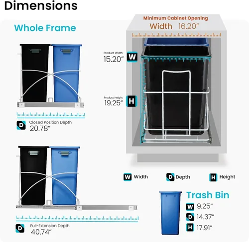 Vista 3 de Home Zone Living Bote de basura de cocina doble extraíble de 15 galones para reciclaje y basura, diseño debajo del fregadero en el gabinete