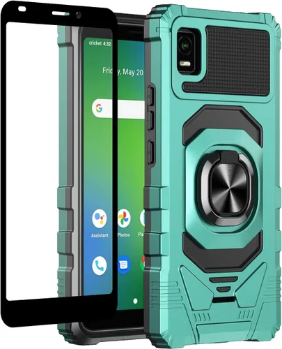 Vista 9 de Funda compatible con Cricket Vision Plus con protector de pantalla de vidrio templado [grado militar] anillo de montaje en coche con soporte a Negro