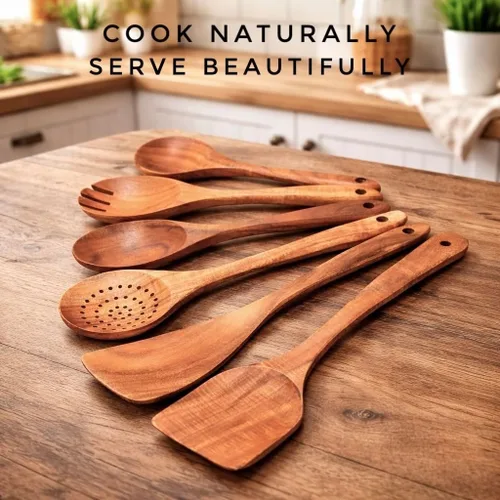 Vista 3 de Juego de utensilios de madera de 6 piezas – Cucharas y espátulas de madera de teca premium, antiadherentes, resistentes al calor, duraderas