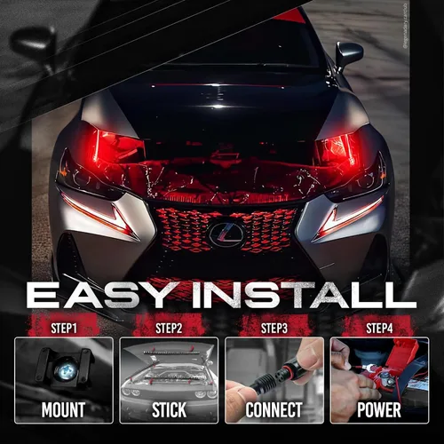 Vista 5 de OPT7 Aura Engine Bay - Kit de luz LED RGB con control remoto, 4 tiras de luz impermeables de 12 pulgadas para debajo del capó, modo multicolor
