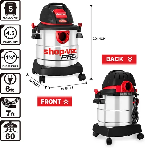 Vista 6 de Shop-Vac Aspiradora húmeda/seca de 5 galones y 4.5 HP de pico, tanque de acero inoxidable, aspiradora de taller portátil con filtro, manguera