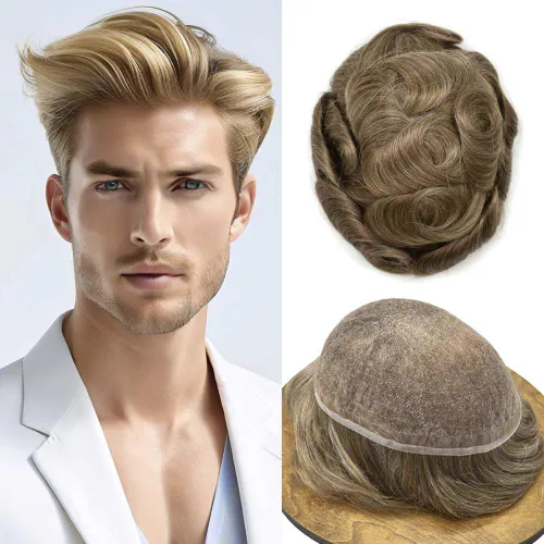 Vista 72 de Peluca de cabello humano con encaje completo, línea capilar real, para hombre, peluca de cabello con nudo blanqueado, pieza de pelo para hombres