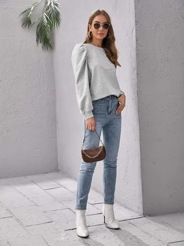 Vista 5 de Romwe Sudadera casual de manga larga abombada con cuello redondo para mujer