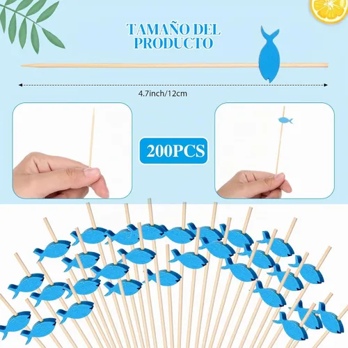Vista 4 de 200 palillos de bambú para cóctel, para fiestas de aperitivos, estilo Estilo de pescado