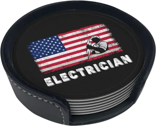 Vista 2 de Juego de 6 posavasos con soporte para electricista con bandera estadounidense, tapete de piel sintética para cocina, bar, mesa, escritorio