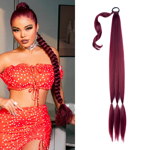 Vista 16 de Paquete de 2 extensiones de cola de caballo trenzada con lazo elástico, lacio, elegante envolvente, extensiones de cola de caballo de 26 pulgadas