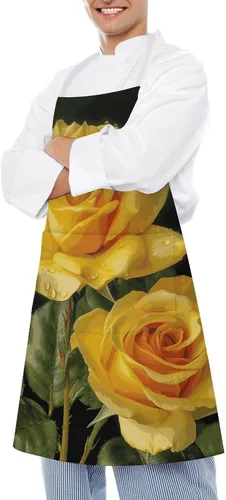 Vista 4 de MUSM Yellow Rose Apron，Classic Vintage Funny with Pockets Aprons,Adjustable Bib Waterdrop Resistant for Kitchen Cooking Restaurant BBQ Painting
