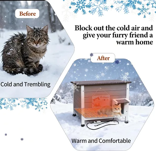 Vista 8 de Casa para gatos con calefacción para exterior con espuma aislante para gatos al aire libre, casa para gatos aislada y resistente a la intemperie
