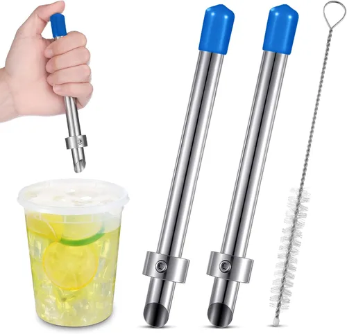 Vista 12 de Lasnten Paquete de 2 perforadores de paja para tapas de plástico, vasos de limonada, herramientas de perforación de acero inoxidable para bebidas