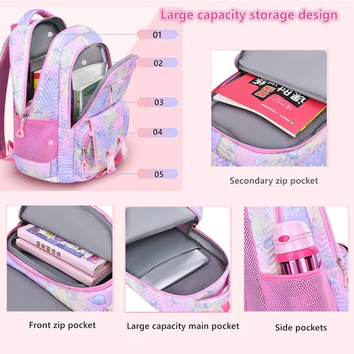 Vista 4 de Mfikaryi Mochila para niñas, 3 piezas con lonchera, mochila para niñas, Rosa claro, Moda