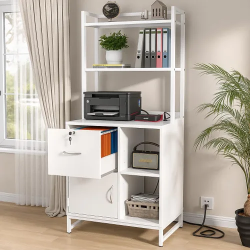 Vista 10 de Homieasy Archivador vertical con cerradura y estación de carga, archivador de madera con cajón grande con estantería, soporte de impresora