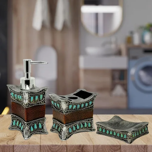 Vista 3 de Juego de baño rústico de 3 piezas, kit de decoración de piel sintética y resina turquesa