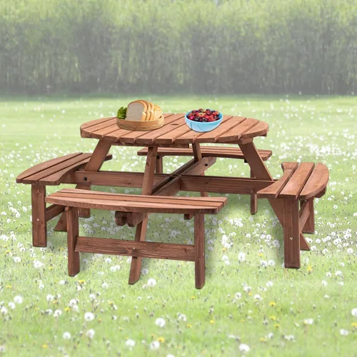 Vista 11 de Mesa de picnic de madera para 6 personas, mesa circular de picnic de madera para exteriores, mesa de comedor con 3 bancos, mesa exterior y banco 6
