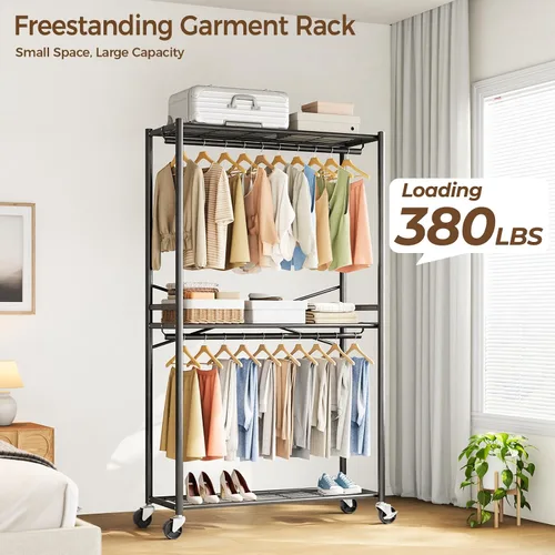 Vista 2 de HYSEYY Rolling Clothes Rack Heavy Duty Clothing Rack for Hanging Clothes Freestanding Garment Rack with Shelves & Wheels, Sturdy Portable Wardrobe