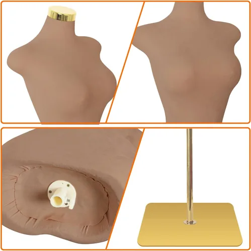 Vista 3 de Maniquí femenino sexy, torso corporal de maniquí pinable con base de metal dorado, altura ajustable de 60 a 78 pulgadas para exhibición de ropa