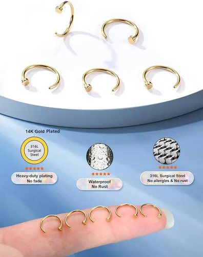 Vista 18 de FIBO STEEL - 5 piezas de acero inoxidable, 18G a 22G, joyería corporal, piercing de nariz para mujer