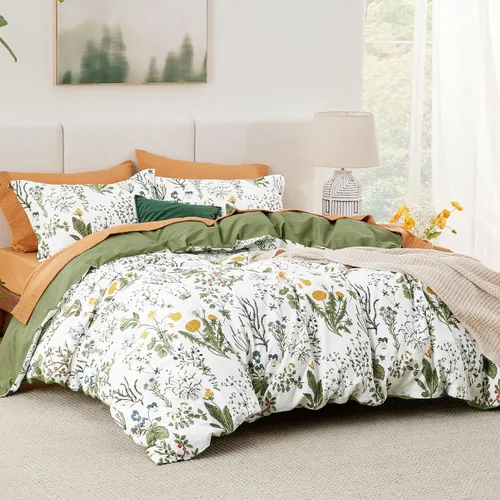 Vista 2 de Bedsure - Juego de funda de edredón para cama individual - Juego de funda de edredón reversible de flores de algodón 100 % con cierre de cremallera