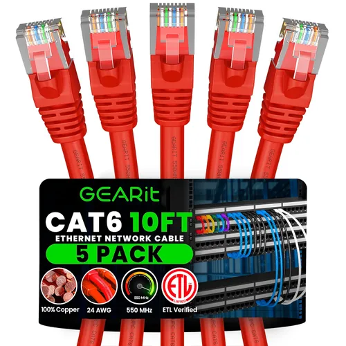 Vista 52 de GEARit Cables de conexión Cat6 de 1 pie negro (paquete de 5) Cables de conexión Cat 6 de 1 pie, cable de conexión negro/Ethernet, 10Gbps 550MHz