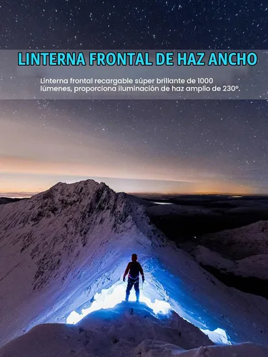Vista 2 de Linterna de cabeza LED Spriak recargable, faro de 1000 lúmenes con haz amplio de 230°, linterna de cabeza recargable por USB con luz trasera roja