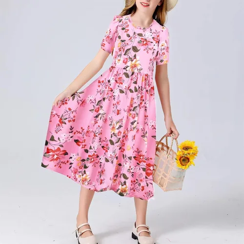 Vista 3 de SANGTREE Vestido floral de manga corta con corte en la espalda para niñas, 3-14 años
