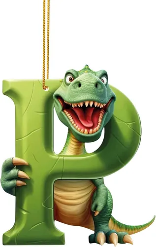 Vista 19 de Adorno de Navidad personalizado de dinosaurio de 26 letras, adornos colgantes 2023, monograma inicial de plástico, decoraciones de árbol de Navidad