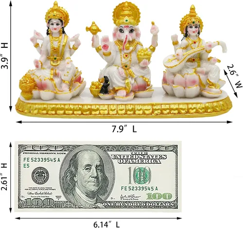 Vista 7 de alikiki Estatua india de Laxmi Ganesh Saraswati – 3.9 pulgadas de alto pequeño aspecto de mármol Lakshmi Ganesha ídolo escultura para tablero