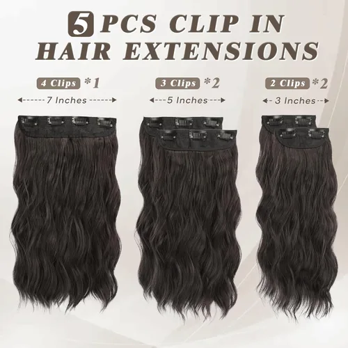 Vista 2 de BARSDAR Extensiones de cabello ondulado con clip negro marrón - 14 pulgadas, extensiones de cabello corto ondulado con clip para mujer - 5 piezas