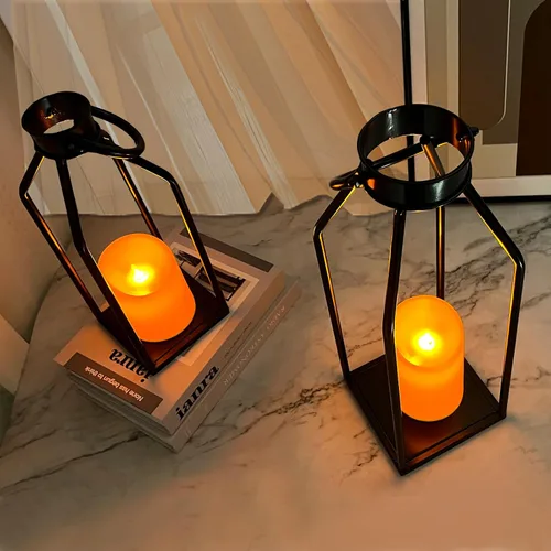 Vista 3 de Faroles de vela decorativos para interiores – Moderno farol de granja para decoración del hogar – 2 linternas de metal negro, velas parpadeantes