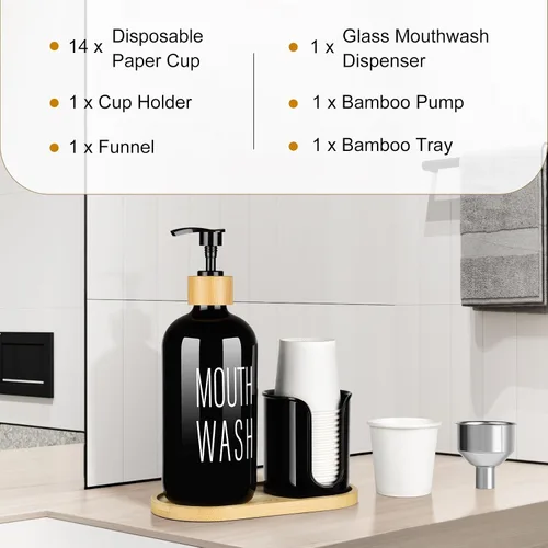 Vista 5 de Dispensador de enjuague bucal negro para baño, botella de vidrio con bomba de 16 onzas con soporte para tazas, 14 tazas de enjuague bucal, bandeja