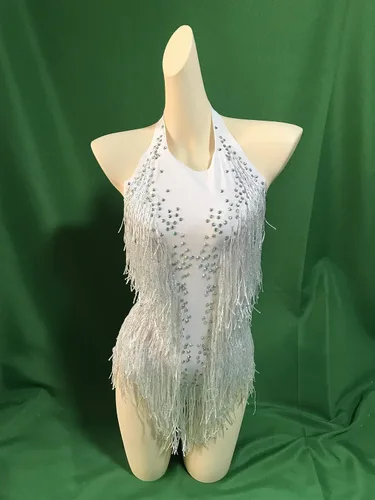 Vista 7 de Body blanco brillante con diamantes de imitación para mujer, traje de drag queen, trajes de baile con flecos