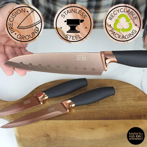 Vista 5 de Juego de 3 cuchillos de cocina de regalo - Brooklyn por Taylors Eye Witness. Refuerzos de color oro rosa, hojas afiladas como navajas finamente