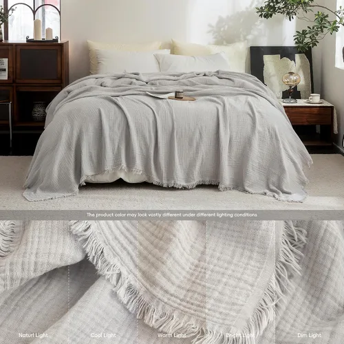 Vista 72 de FOSSA Manta de Muselina con Flecos - Gasa de Algodón 100% de 4 Capas Súper Suave y Transpirable - Manta Decorativa Ligera y Refrescante para Cama