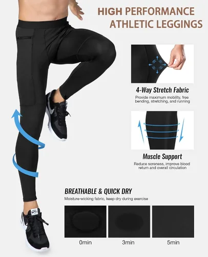 Vista 3 de Pantalones de compresión para hombre, mallas con bolsillos, para deportes de secado fresco, mallas atléticas para baloncesto y correr