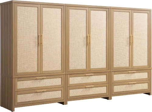 Vista 14 de SICOTAS Armario Ropero Gabinete de Ratán, Gabinete de Almacenamiento de 71" con Puertas, 2 Cajones y Barra Colgante, Organizador de Ropa Boho Roble