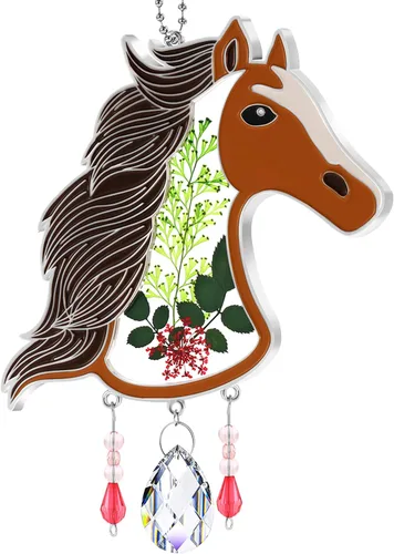 Vista 9 de KY&BOSAM Atrapasoles de cristal pintado a mano con cabeza de caballo, campanilla de viento con flor prensada incrustada en ventana de cristal, Día