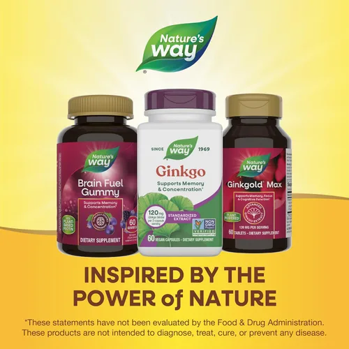 Vista 7 de Nature's Way Extracto de Ginkgo Premium, apoya la memoria y la concentración*, 120 mg de extracto de ginkgo biloba por porción de 2 cápsulas