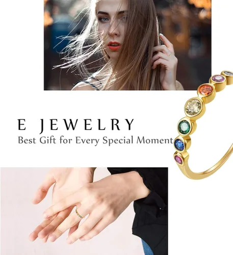 Vista 6 de E 14K Gold Plated Ring for Women Rainbow Eternity Jewelry Rings Band Colorful Round AAA Cubic Zirconia CZ Wedding Rings Dainty Gold Rings for Women
